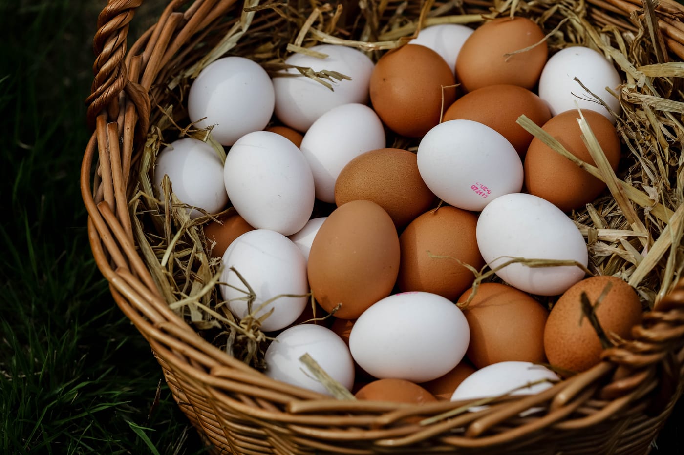 Frische Eier von den hofeigenen Hühnern in einem Korb